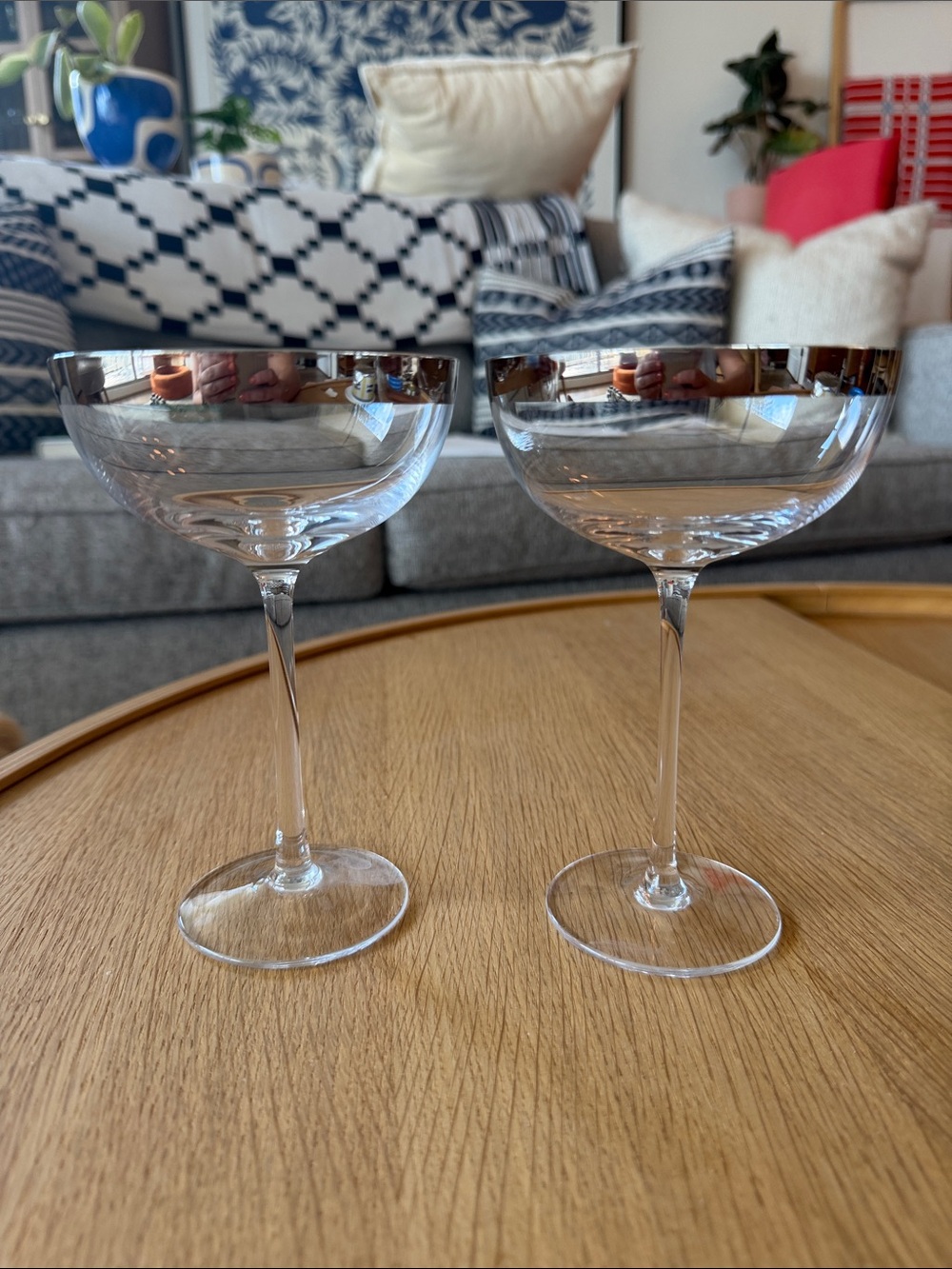 Elegant Clear Glass Coupe Champagne Glasses with Silver Rim - Set of 2
